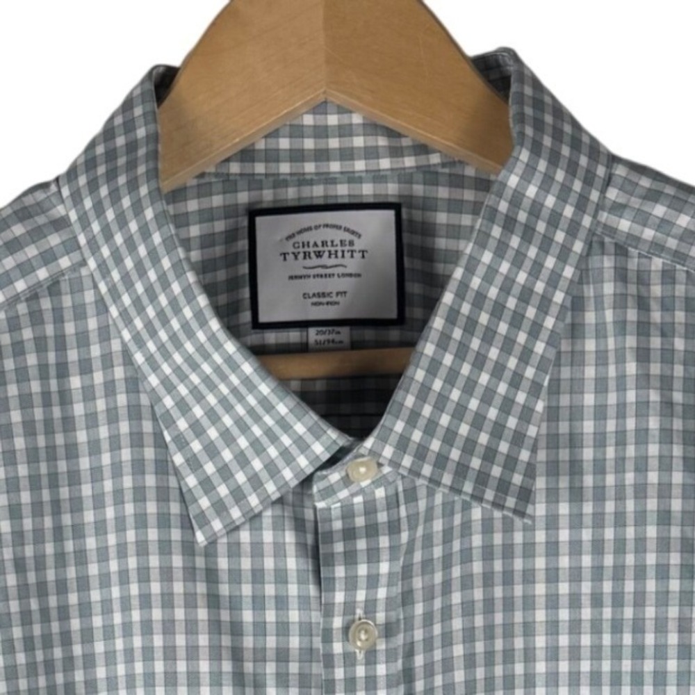 Charles Tyrwhitt Shirt Mens 20/37 Gingham Classic Fit Non-Iron Cotton Green